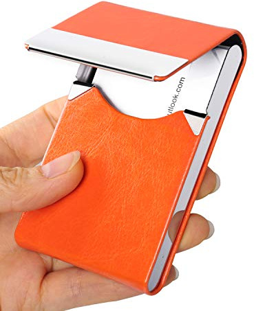 JuneLsy Business Card Holder Case - Professional PU Leather Business Card Case Metal Name Card Holder Pocket Business Card Carrier for Men & Women with Magnetic Shut (S-orange)