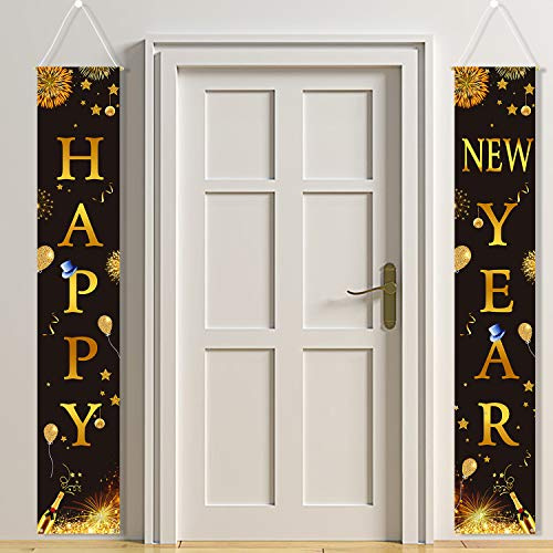 HOWAF Silvester Deko 2027 Schwarz und Gold Frohes Neujahr Banner Willkommen Veranda Zeichen für Neujahrsdeko, Neujahr Deko 2027 Silvesterparty Deko