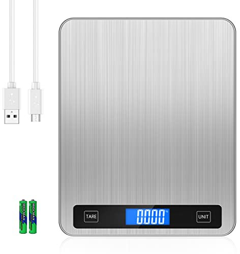 Brifit Digital Food Scale, Rechargeable Kitchen Scales with Stainless Steel Platform, 20kg/44lb Large Kitchen Scale with LED Screen, Electric Baking Scales with Tare Function, 5 Units