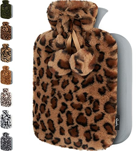 Qomfor Hot Water Bottle with Cover UK - 1.8L Large Soft Fluffy Fleece Cover Hot Water Bottle for Pain Relief, Period Pain, Back Pain & Cozy Warmth – Great Gift for Men & Women (Light Brown)