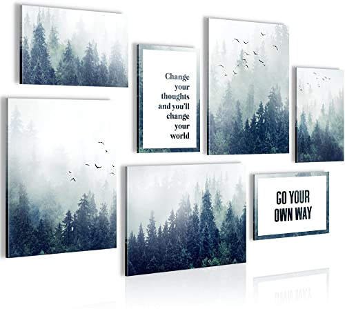 Novart Wandbilder Wald im Nebel - KOMPLETT AUFHÄNGFERTIG - mit Spruch Wohnzimmer Schlafzimmer - 7 Moderne Mood-Bilder - N018671a