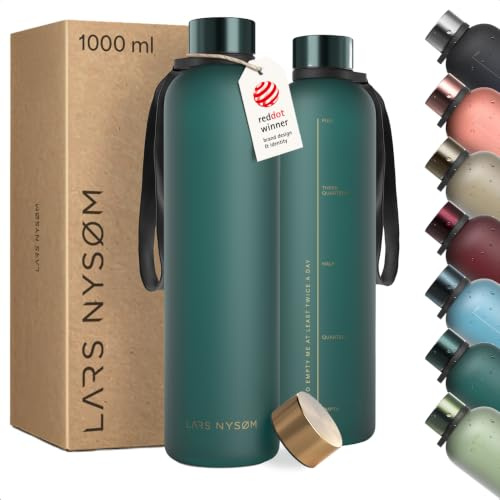LARS NYSØM Trinkflasche 1l | Wasserflasche 1000ml | Ultraleichte Tritan Sport Flasche auslaufsicher, Kohlensäure geeignet - für Sport, Büro, Yoga | 2 Deckel inkludiert (Green/Gold, 1000ml)