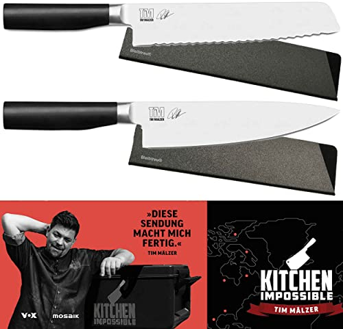 BLEIBTREU KAI Kamagata Monster-Set Kochmesser + Brotmesser + Klingenschutz + Kochbuch handsigniert