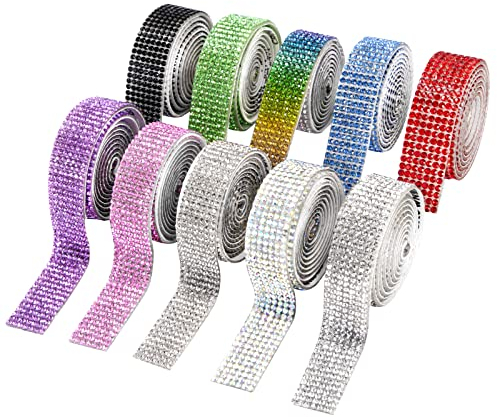 Jeesblsy Selbstklebende Kristall Strass Diamant Band, Bunt DIY Strassband Aufkleber Glitzersteine Dekoration für Kunst Handwerk, Hochzeit Auto Telefon (10 Farben, 80cm/Rollen)