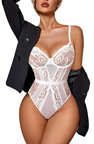 Avidlove Women Lace Bodysuit V Neck Mesh Body Suits Teddy Lingerie with Underwire