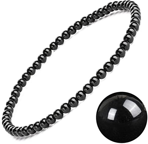 EUMENIDES Damen Stein Fußkettchen，Tigerauge Fußkettchen, Turmalin, Obsidian Fußkettchen,Achat Fußkettchen, 9,45 Zoll，6 MM/4 MM, (schwarzer Turmalinstein Fußkettchen，6MM)