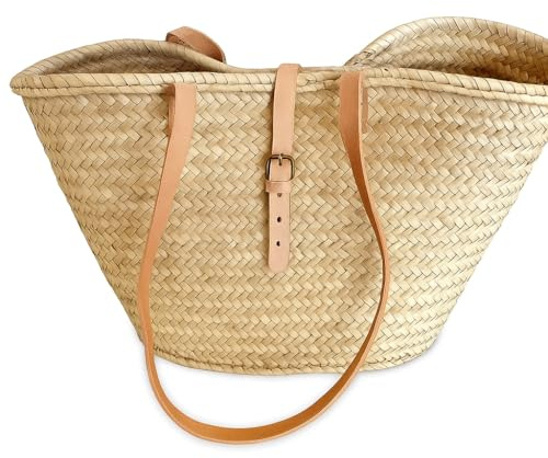 French Basket – Straw Bag with Leather Handles, Summer Crossbody Tote, Handmade Market Basket with Handles for Women