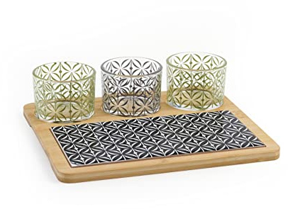 H&H Tagliere in Bambù con Inserto in Stoneware Decorato con 3 Coppette in Vetro Decorato cm 20x22