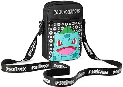 Pokémon Borse a Tracolla per Bambini, Borsetta a Tracolla con Tasche, Borsello Versatile Scuola Viaggio Unisex Bambini Pikachu Gadget (Nera Bulbasaur)