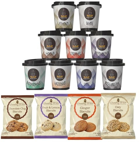 Coffee Gifts Set - 9 Instant Coffeee Sets in Mini Travel Cups & 4 x Twin Biscuits - Cappuccino, Irish Cream, Mocha, Caramel, Hazelnut, Coffee Lovers Gifts for Women, Men Xmas Birthday Thank you Gift