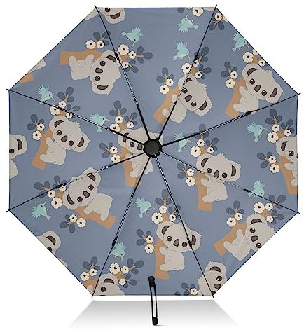 FRODOTGV Reise-Regenschirm mit niedlichen Tieren, Faultier, Vogel, winddicht, umgekehrt, kompakt, für Regen, Sonne, groß, 8 Rippen, zusammenklappbar, UV-Regenschirm, automatisch, für Männer und Frauen