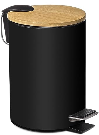 TIENDA EURASIA - Papelera de Metal con Tapa de Bambu, 3L, 17x22,5x23,5 cm, Cubo de Basura Pequeño Extraíble, con Pedal, Asa para Transportar, para Baño, Cocina o Escritorio, Negro