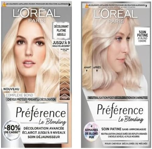 L'ORÉAL PARIS - Cofanetto Decolorazione - 2 Prodotti - Decolorazione Blond Platino Assoluto + Trattamento Patina Biondo Iridescente - Preferenza Il Blonding