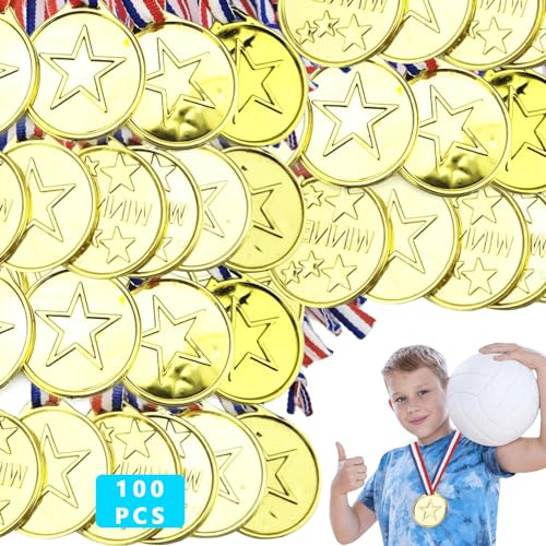 100 Pezzi Medaglie per Bambini Giocattolo, Medaglie D'oro per Bambini Medaglie, Medaglie in Dorato con Nastro in Nylon Tricolore, Medaglie Premiazioni Metallo per Feste di Calcio Ragazzi Bambini