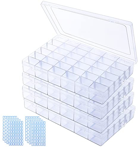 Loppdece 4 Stück wiederverwendbar Plastik Sortierbox, 36 Gitter | Sortierboxen für Kleinteile, Klar Sortimentskasten,mit 512 Etikett for Kleinteile Perlen Aufbewahrung von Schrauben