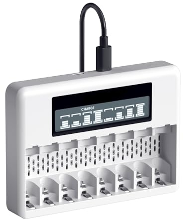 CITYORK Caricabatterie da 8 slot per Carica Batterie Ricaricabili AA AAA agli Ioni di Litio, con Display LCD, Ricarica Rapida USB e Slot Indipendente