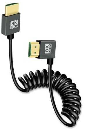 GELRHONR Short Coiled HDTV Cable 8k, Thin HDTV Male to Male Extension Spring Flexible Cord 48Gbps Support 3D 8K@60Hz for On-Camera Monitors,TV,PS5, Xbox Series X/S(Straight) (Left Angle)