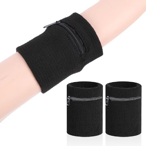 ONEVER 2 Stück Handgelenktasche, Sport Handgelenk Tasche Mit Reißverschluss, Schweissband Handgelenk Set, Wristband Geldbörse Für Fußball, Basketball, Tennis (Schwarz)