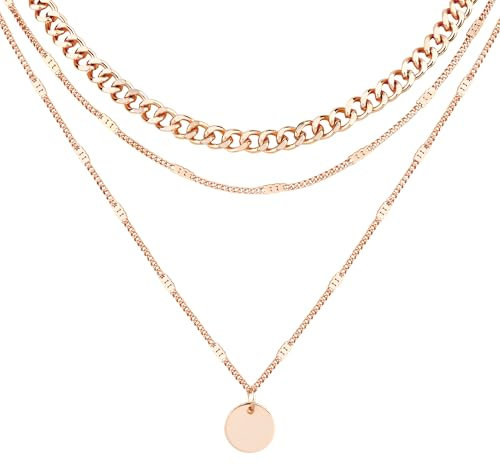 LOLIAS Layering Halskette Rosegold Damen - Wasserfeste Lange Kette mit Anhänger - Mehrreihige Zarte Kette mit Runden Plättchen Schmuck