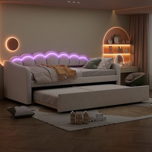 Kayan Schlafsofa 90x200cm mit ausziehbarem Bett, Polsterbett Einzelbett mit Lattenrost, Farbwechselndes Umgebungslicht, Daybettt Tagesbett Sofabett, Hautfreundlichem Samtstoff (Beige)