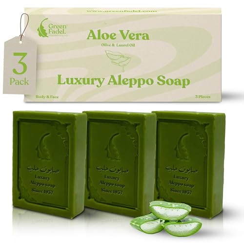 Aleppo Tvål Luxury med Aloe Vera, 3-pack, med olivolja och lagerolja, olivoljatvål, lyxig Aleppo-tvål, naturlig tvål, för ansikte och kropp