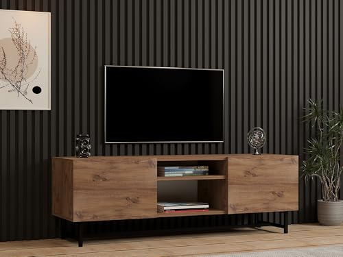 Hanah Home Elegante Soporte para TV, Pino atlántico, 150 x 50 x 40 cm, Tablero de partículas Recubierto de melamina 100%, 18 mm de Grosor, Patas de Metal Resistente, Salas de Estar