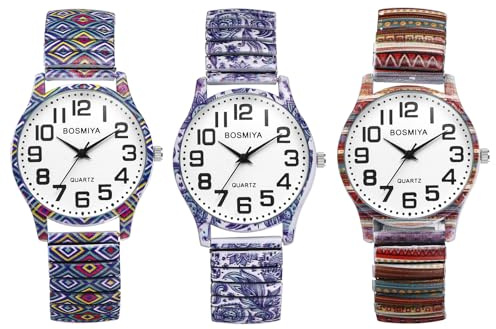 JewelryWe Orologio da polso da donna, stile bohémien, elastico, al quarzo, facile da leggere, quadrante grande, in acciaio inox, cinturino elasticizzato colorato, Multicolore - Set di 3, Vintage