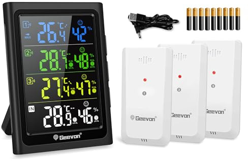 Geevon Thermomètre intérieur extérieur sans fil avec 3 capteurs à distance, hygromètre électronique, jauge de température avec portée de 60m Conditions sans obstruction | Noir, VA, avec batterie, thermomètre/humidité, portée de 60 m, convient pour les serres, les chambres à coucher, le salon
