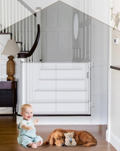HOMGEN Treppenschutzgitter Türschutzgitter Kindergitter – Ausziehbar 0-140CM, Schutzgitter für Hunde Kinder, Einhandbedienung, Verstellbare Breite, Glasfaserverstärkt, Für Treppen, Türen- Weiß