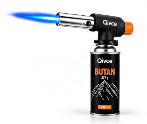 Qivee Gasbrenner mit Kartusche 227g – Schweißbrenner max. 1300°C Temperatur – Lötlampe mit Piezozündung – Bunsenbrenner Küche – Küchenbrenner – Brenner inkl. 4x Gas – Aluminium Brennerkopf