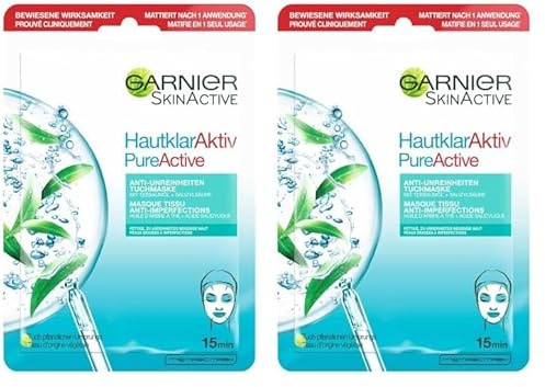 GARNIER Skin Active - Masque Tissu Anti-Imperfections - Réduit Pores, Sébum & Points Noirs - BHA, Niacinamide, Huile d’Arbre À Thé - Vegan & Cruelty Free - Tissu Compostable - Peaux À Imperfections