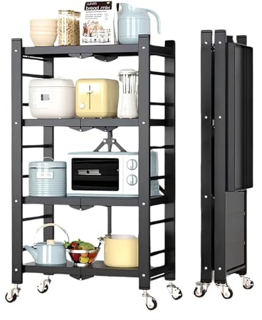 devesanter 4 Etagen Klappregal Metall mit Rollen,Küchenregal Schwarz | Mobiles Regal mit stabiler Metallkonstruktion. Ohne Montage,ideal als Vorratsablage für Küche, Büro und flexible Nutzung