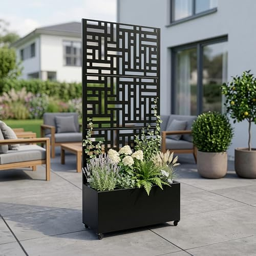 casa.pro Blomlåda med insynsskydd Bernalda spaljé, metall, balkong, blomkruka hög 190 x 82 x 38 cm, skiljevägg med hjul, svart