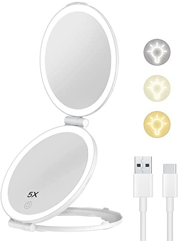 Famihomii Kosmetikspiegel mit Beleuchtung, 5X/1X Doppelseitig Reisespiegel mit Licht, Dimmbar Tischspiegel, 3 Farblichter, 1000 mAh, Reisen Kosmetik Spiegel mit Beleuchtung