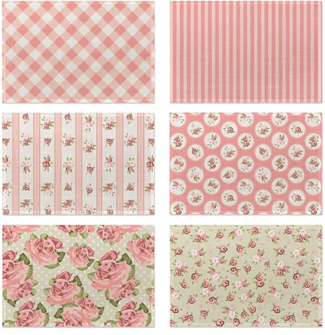 Ensemble de 6 napperons Shabby Chic roses de printemps, napperons de table antidérapants résistants à la chaleur lavables pour décoration de cuisine et salle à manger pour fêtes, intérieur et
