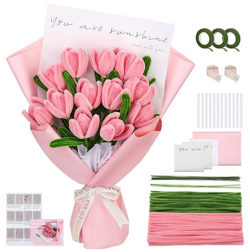 Cecanndila Pfeifenreiniger Blumen Set, 320 Stück Pfeifenputzer zum Basteln 2 Farben, Rosa Tulpen DIY-Blumenstrauß Set, mit Klebeband, Blumenpapier, Geschenkband