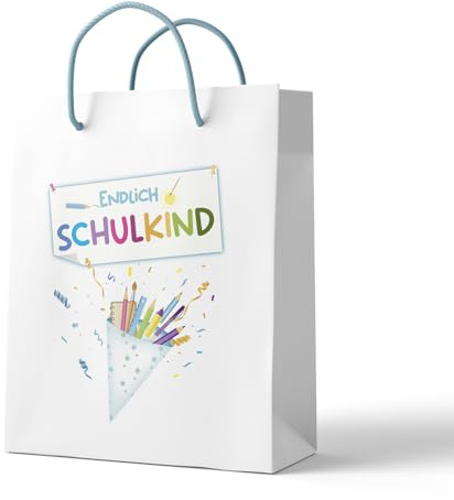itenga Geschenktüte Geschenktragetasche 18 x 22,5 x 8 cm - Einschulung Geschenkverpackung Papiertragetasche Endlich Schulkind Schulanfang (Endlich Schulkind weiß blau)