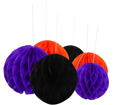 GOOHOCHY 6 Piezas Bolas de Panal de Papel Colgantes para Halloween Decoración Festiva con Pompones de Tissue Naranja Púrpura y Negro Adornos para Pared Techo y Columnas para Shower y