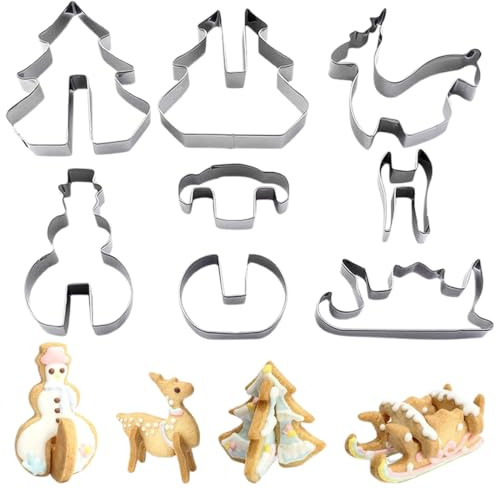 DOKRIN Moldes para galletas,8 cortadores de galletas navideños 3D de acero inoxidable (muñeco de nieve, alce, trineo y árbol de Navidad)