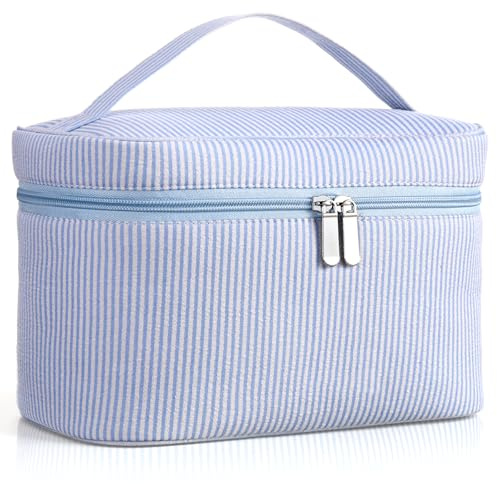 Huhumy Large Makeup Bag for Women Toiletry Bag, Aesthetic Cute Seersucker Cosmetic Pouch, Teen Gift for Her Mom Girlfriend Wife Teacher Aesthetic Skincare Brushes Storage Organizer(Blue)