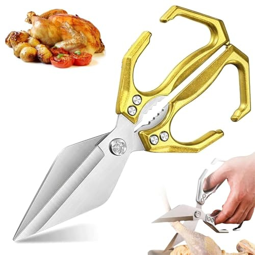 Seattleget Multifunktionale Hochleistungs-Küchenschere, Hochleistungs-Küchenschere mit ergonomischem Griff, japanische Schere aus Kohlenstoffstahl zum Schneiden von Hähnchen (Gold)