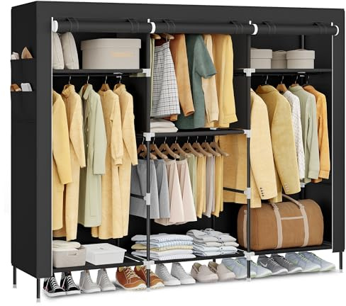 SONGMICS Portable Closet, Fabric Wardrobe, Clothes Rack with Shelves, Pockets, Large Capacity, 4 Hanging Rods, 74.4 x 17.7 x 70.9 Inches, Black URYG011BZ02