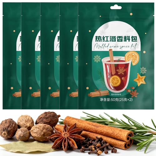 Kit de Especias para Vino Caliente (5 Paquetes) con Canela, Clavo y Anís Estrellado, Ideal para Sidra de Manzana, Vino Caliente Especiado, Vino Caliente Especiado y Ponche Caliente Navideño.