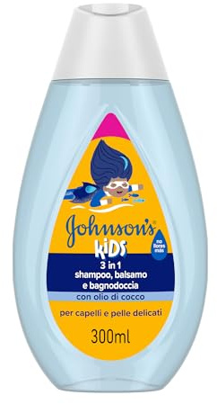Johnson's Kids Shampoo, Balsamo e Bagnodoccia 3 in 1 300 ml, Detergente bambini con olio di Cocco e formula Non Più Lacrime, Bagnoschiuma bambini per la pelle delicata e tutti i tipi di capelli