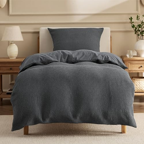BEDSURE Waffelmuster Bettwäsche 135x200 Baumwolle - Bettwäsche Sets Anthrazit Bettbezug 2teilig mit 1 Kissenbezug 80x80 cm, Gewebte Waffelstruktur, Ultraweich & Hautfreundlich, mit Reißverschluss