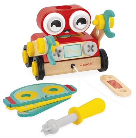Janod – Mein erstes Baukastenset – Roboter aus Holz zum Zusammenbauen – 42 Teile + 4 Musterkarten – Fördert die Fantasie und Motorik – Ab 2 Jahren