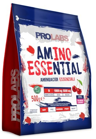 PROLABS– EAA Aminoacidi Essenziali AMINO ESSENTIAL Fermentati Polvere 100%Veg con BCAA Ramificati 2:1:1 e Vitamina B6, Amminoacidi Essenziali Post Intra Workout, Integratore per Sportivi 500g Ciliegia