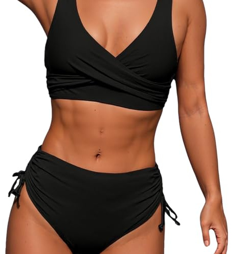 Amexo 2 Pieces Bikini Femme Sexy Maillot de Bain en V avec Coussinet de Poitrine Top croisé Deux Pièces Push-up Ensembles