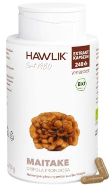 HAWLIK Vitalpilze Bio Maitake Extrakt Kapseln - 240 Kapseln - Mit Vitamin C - Natürlicher Anbau - Vegan - Zuckerrohr-Dose