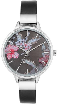 Nine West Women's Floral Dial Strap Watch Black/Silver